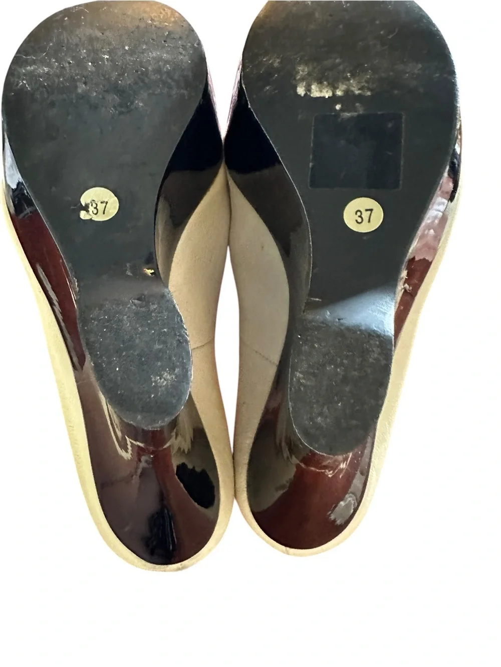 Vintage Lanvin Cream Leather Peep-Toe Wedge with lacquered Black Platform sz 37